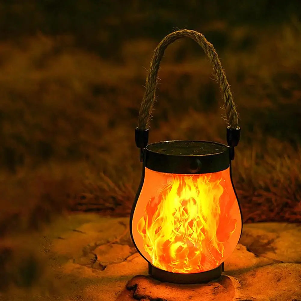 Solar Flame Lamp Rechargeable Hanging Courtyard Decoration Garden Lantern Lighting Lamp with Hemp Rope Outdoor Camping Lamp