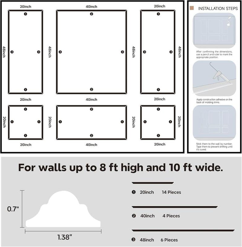 STICKGOO Pre-Cut Wall Panel Molding Set of 6 Frames – Easy-To-Assemble Wainscoting for Interior Décor, Picture Frame Style Molding for Living Room, Bedroom, and Accent Walls